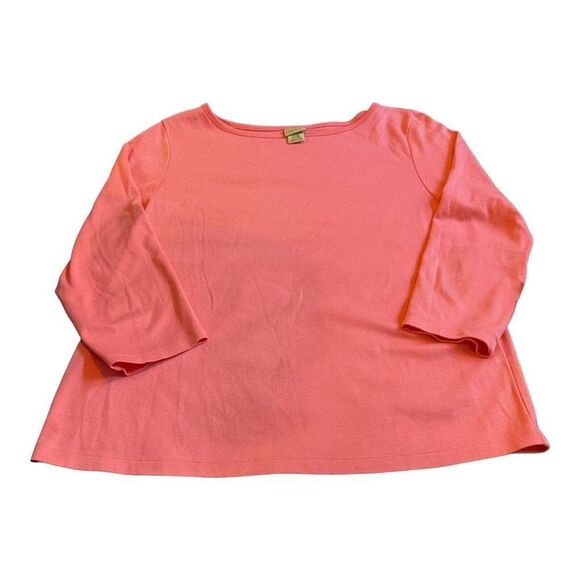 L.L. Bean Pink Large 3/4 Sleeve Basic Shirt Sunlit Coral Peach Crew Neck Blouse - Picture 1 of 5